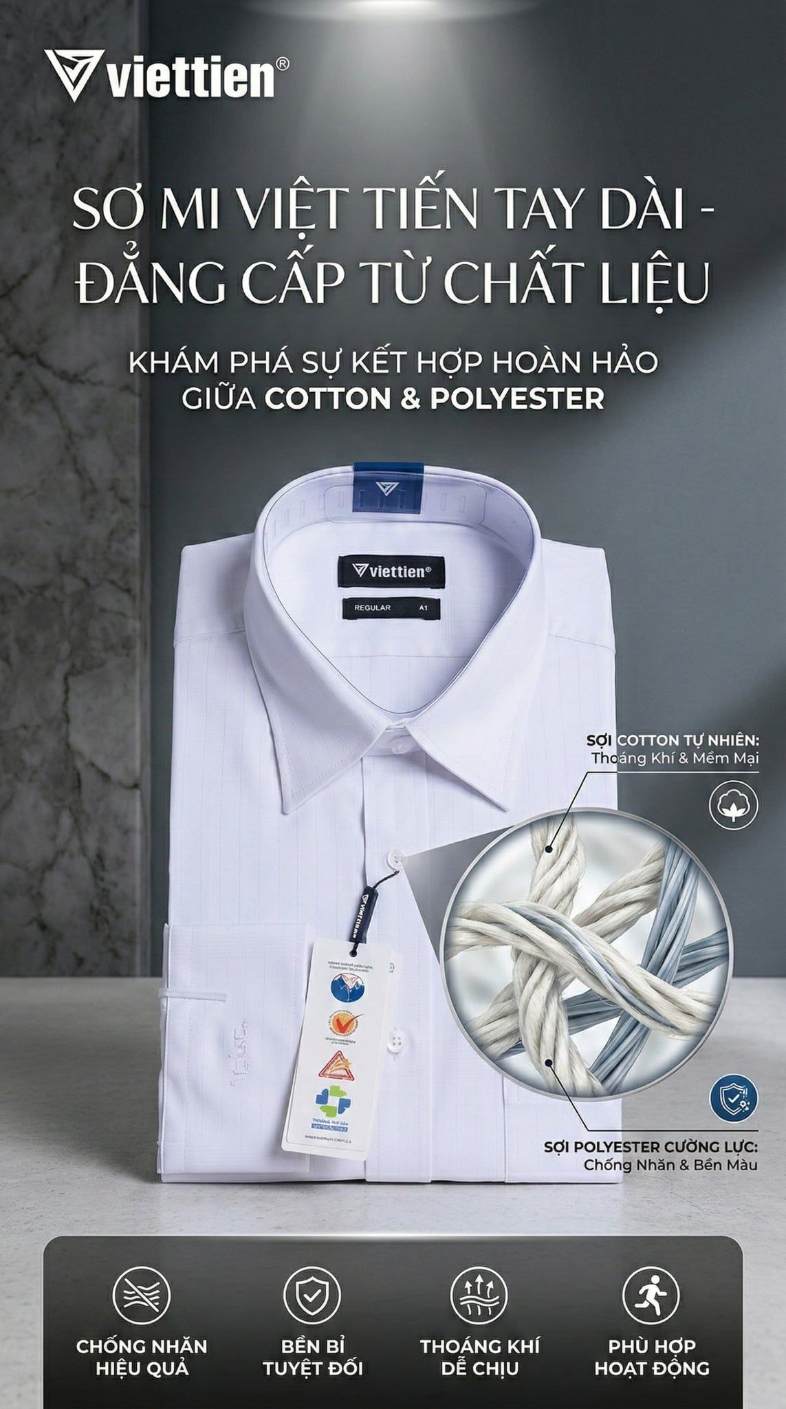  Áo sơ mi Việt Tiến trắng tay dài (size 37-46) 