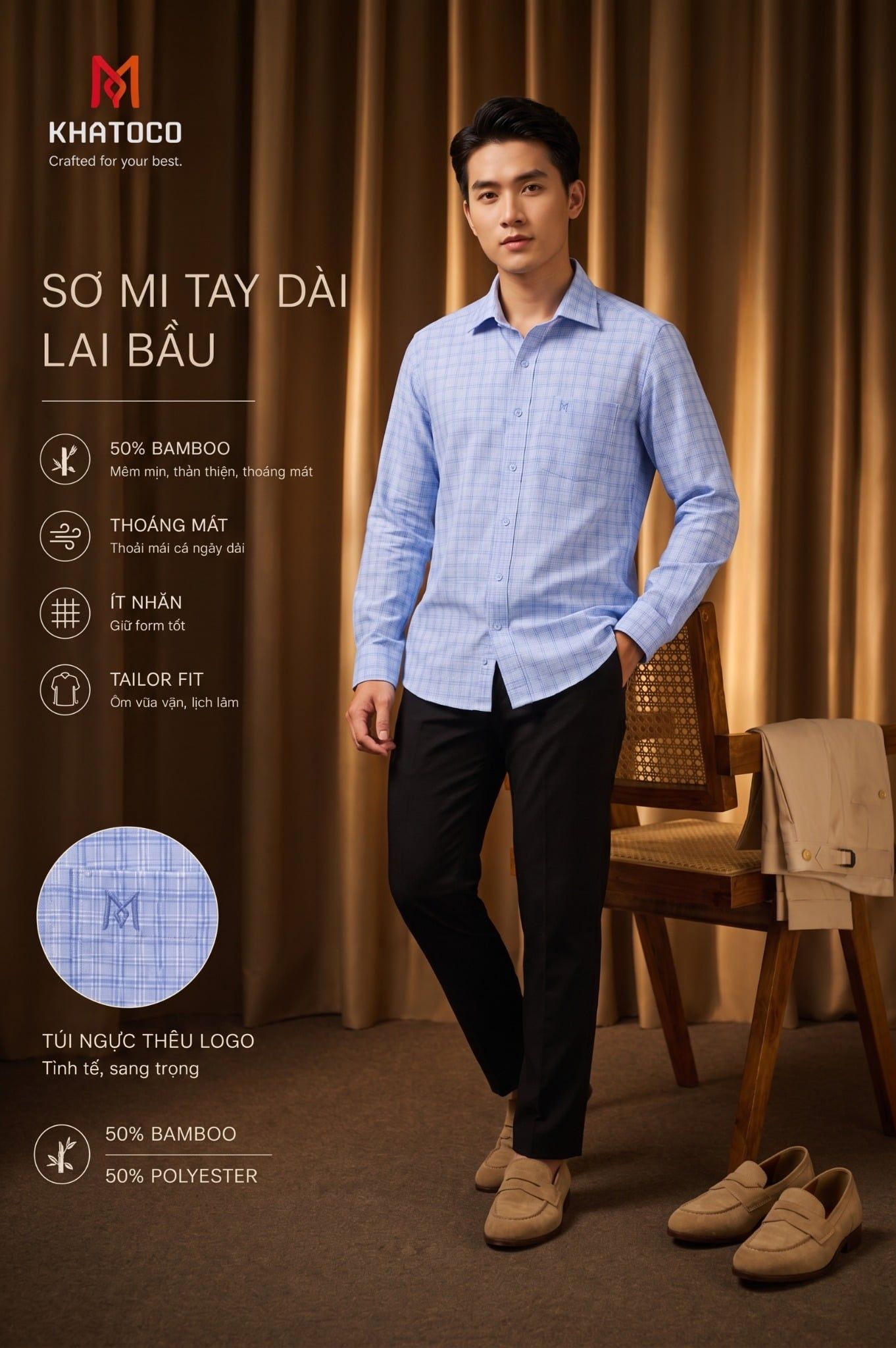  Áo sơ mi Khatoco tay dài (M-3XL) 
