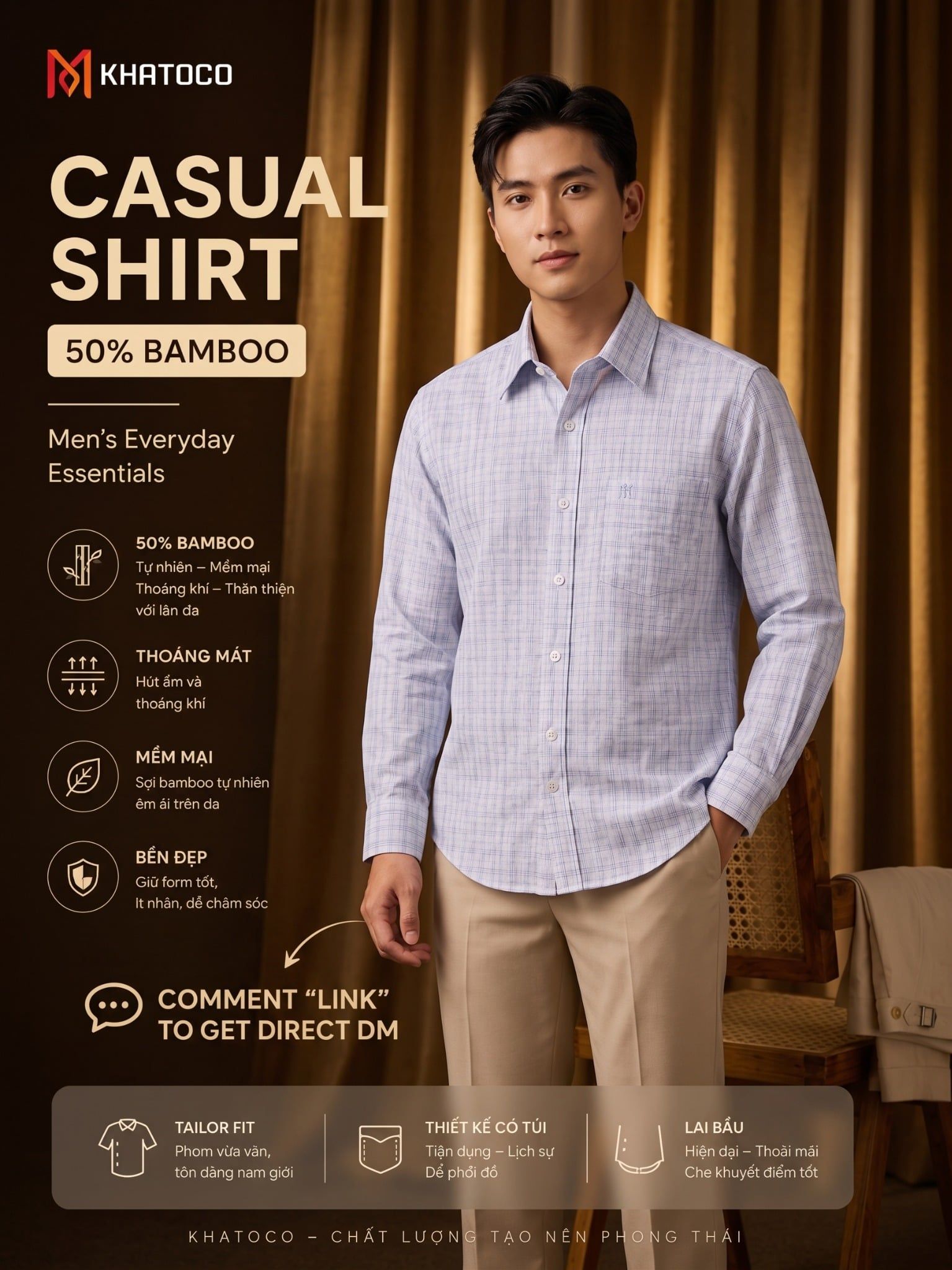  Áo sơ mi Khatoco tay dài (M-3XL) 