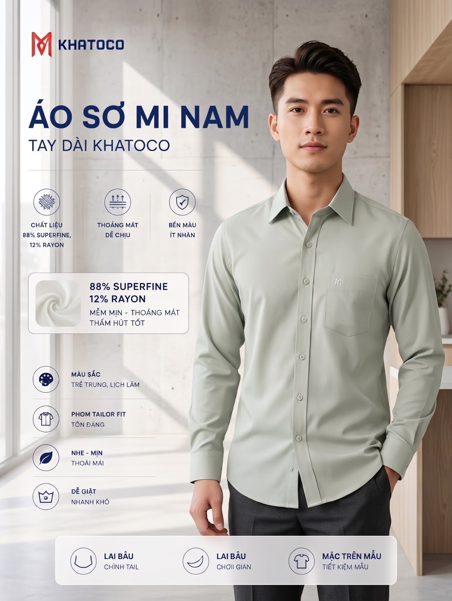  Áo sơ mi Khatoco tay dài (S-3XL) 