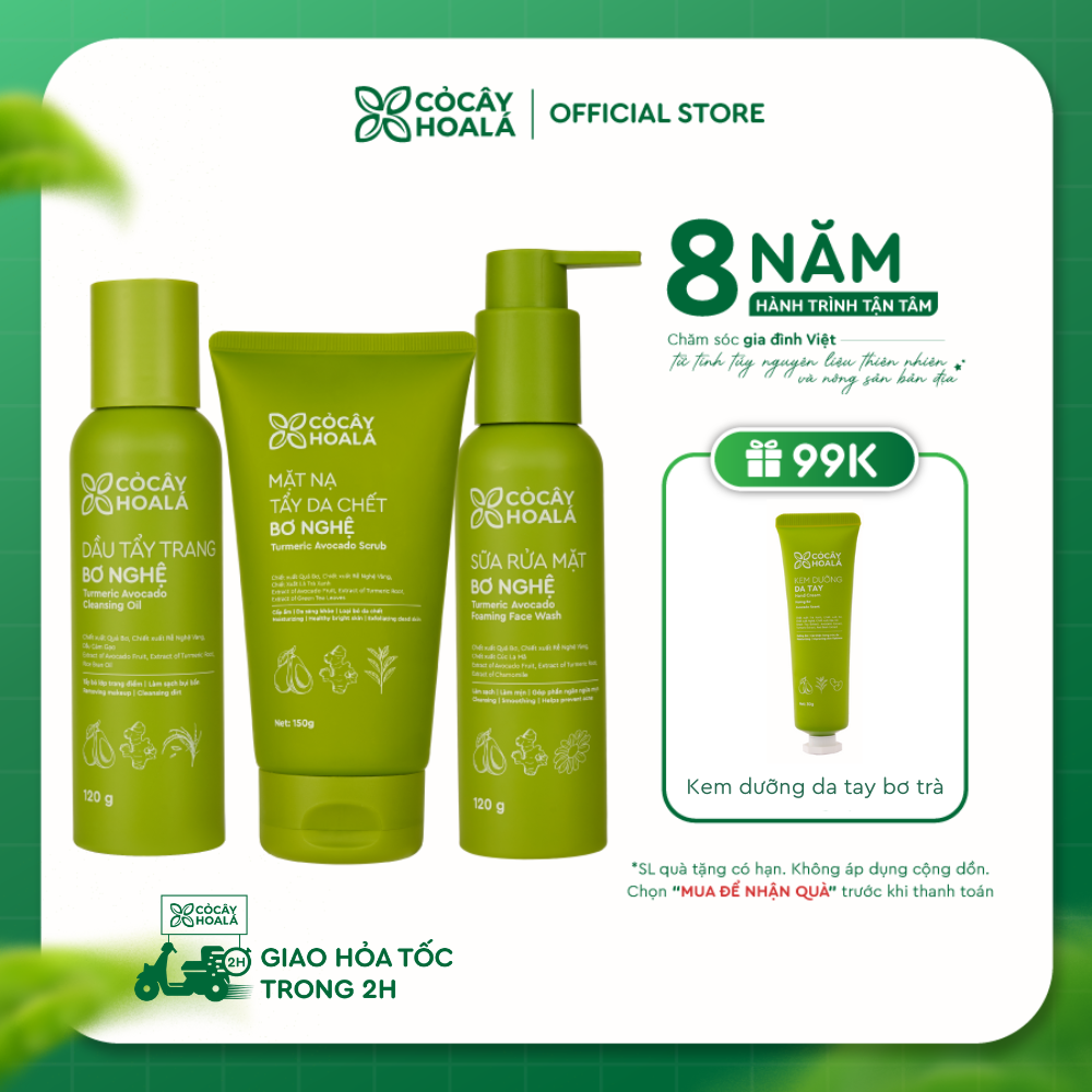 Combo Bơ Nghệ Làm Sạch Dịu Nhẹ Cỏ Cây Hoa Lá (Dầu Tẩy Trang, Sữa Rửa Mặt, Mặt Nạ Tẩy Tế Bào Chết Bơ Nghệ) phù hợp cho da khô, da nhạy cảm