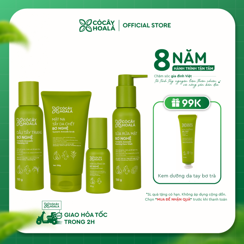 Combo Bơ Nghệ 4 Bước Dưỡng Ẩm Phục Hồi Cỏ Cây Hoa Lá (Dầu Tẩy Trang, Sữa Rửa Mặt, Mặt Nạ Tẩy Da Chết, Kem Dưỡng)