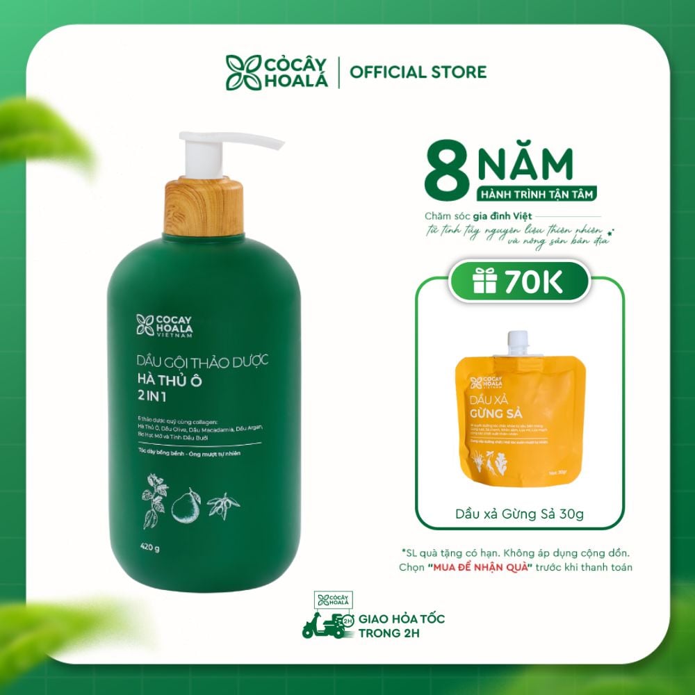 Dầu Gội Xả 2in1 Hà Thủ Ô COCAYHOALA VIETNAM - Dưỡng tóc đen mượt, bóng khỏe, Dung tích 420g/chai