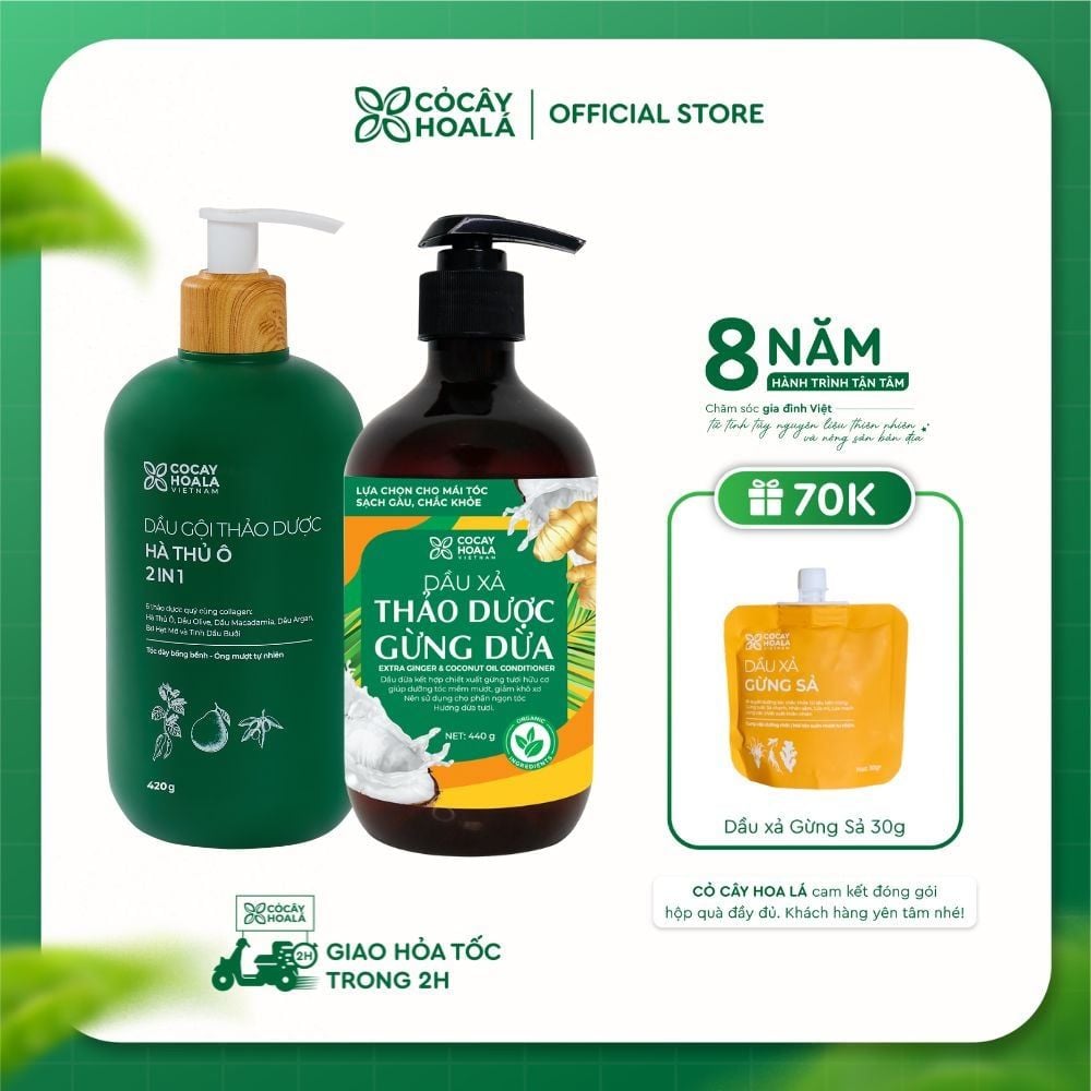 Combo Dầu gội thảo dược Hà thủ ô 2in1 420g & Dầu xả thảo dược Gừng Dừa 440g