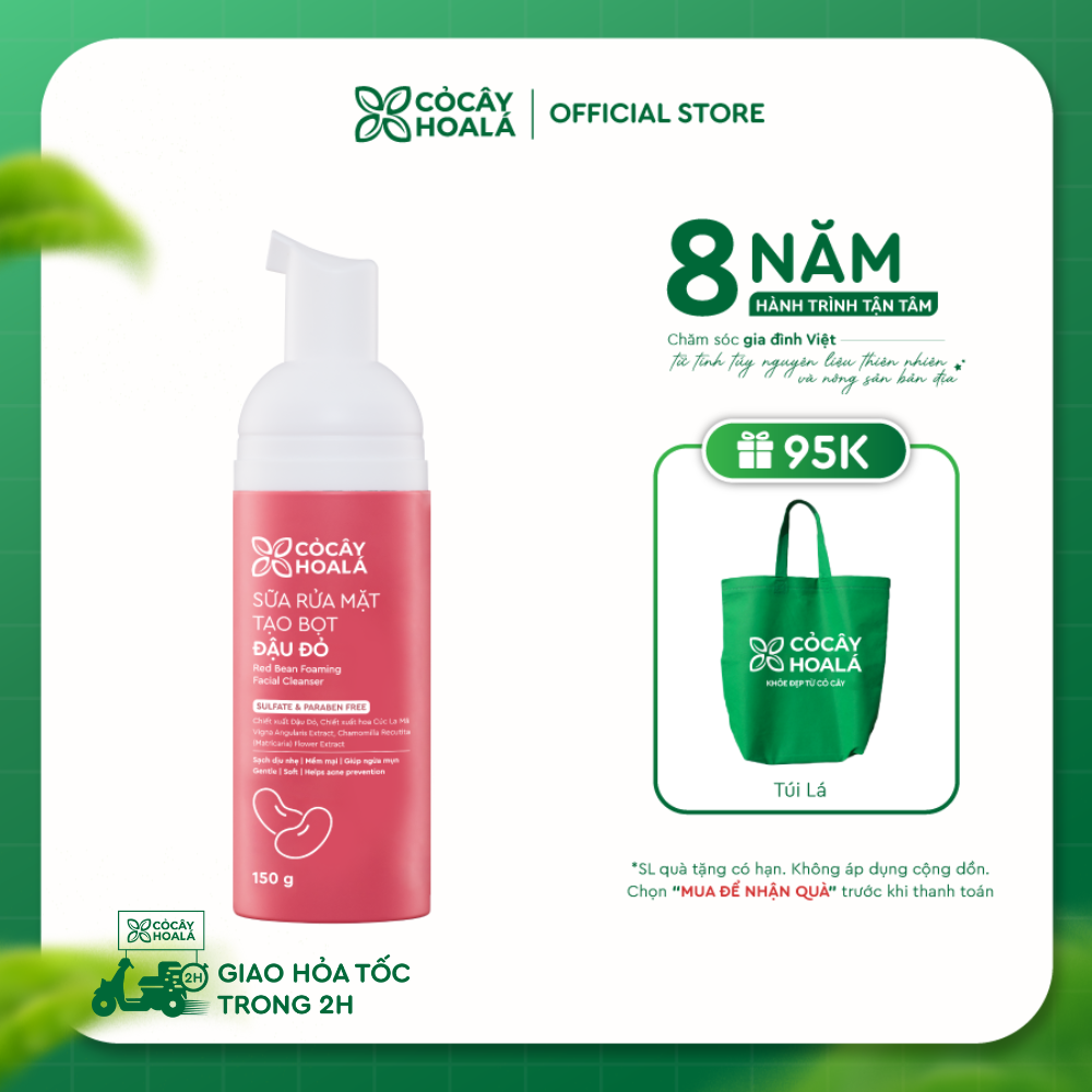Sữa rửa mặt tạo bọt Đậu đỏ Cỏ Cây Hoa Lá 150g