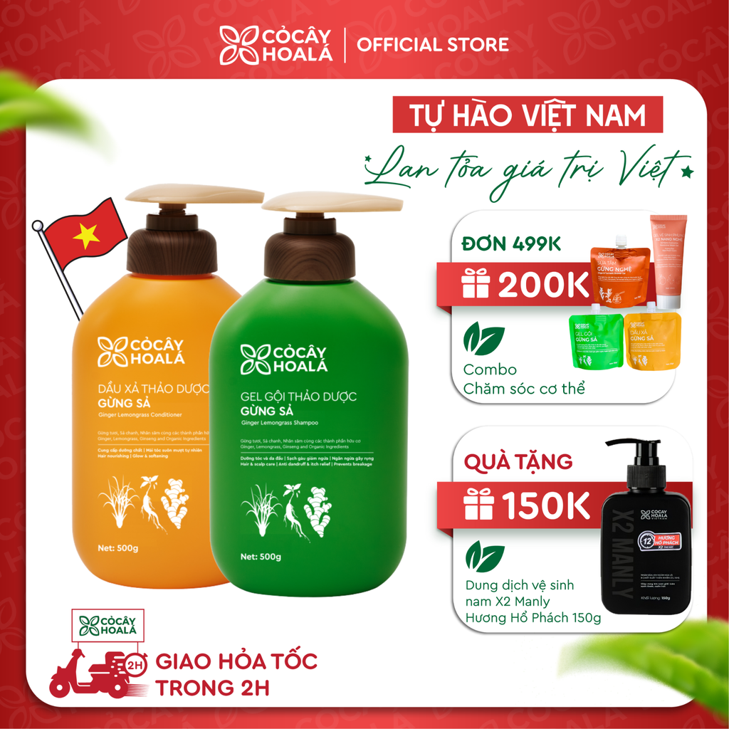 Combo Dầu Gội Xả Thảo Dược Gừng Sả Cỏ Cây Hoa Lá 500g