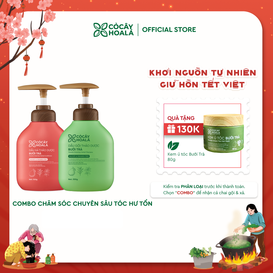 Combo Gội Xả Thảo Dược Bưởi Trà 350g