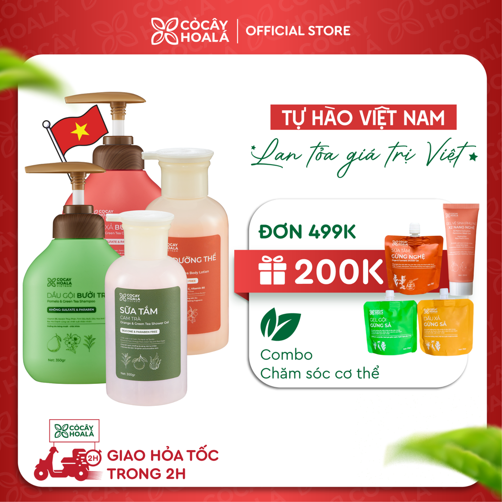 Combo Dầu Gội xả Bưởi Trà 350g và Bộ đôi Chăm sóc cơ thể Cam trà 300g