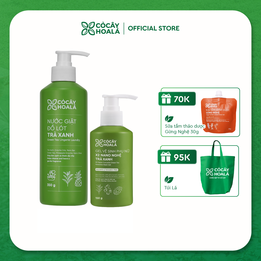 Combo Dung Dịch Vệ Sinh x2 Nano Nghệ 150ml + Nước Giặt Đồ Lót Trà Xanh Cỏ Cây Hoa Lá 350g