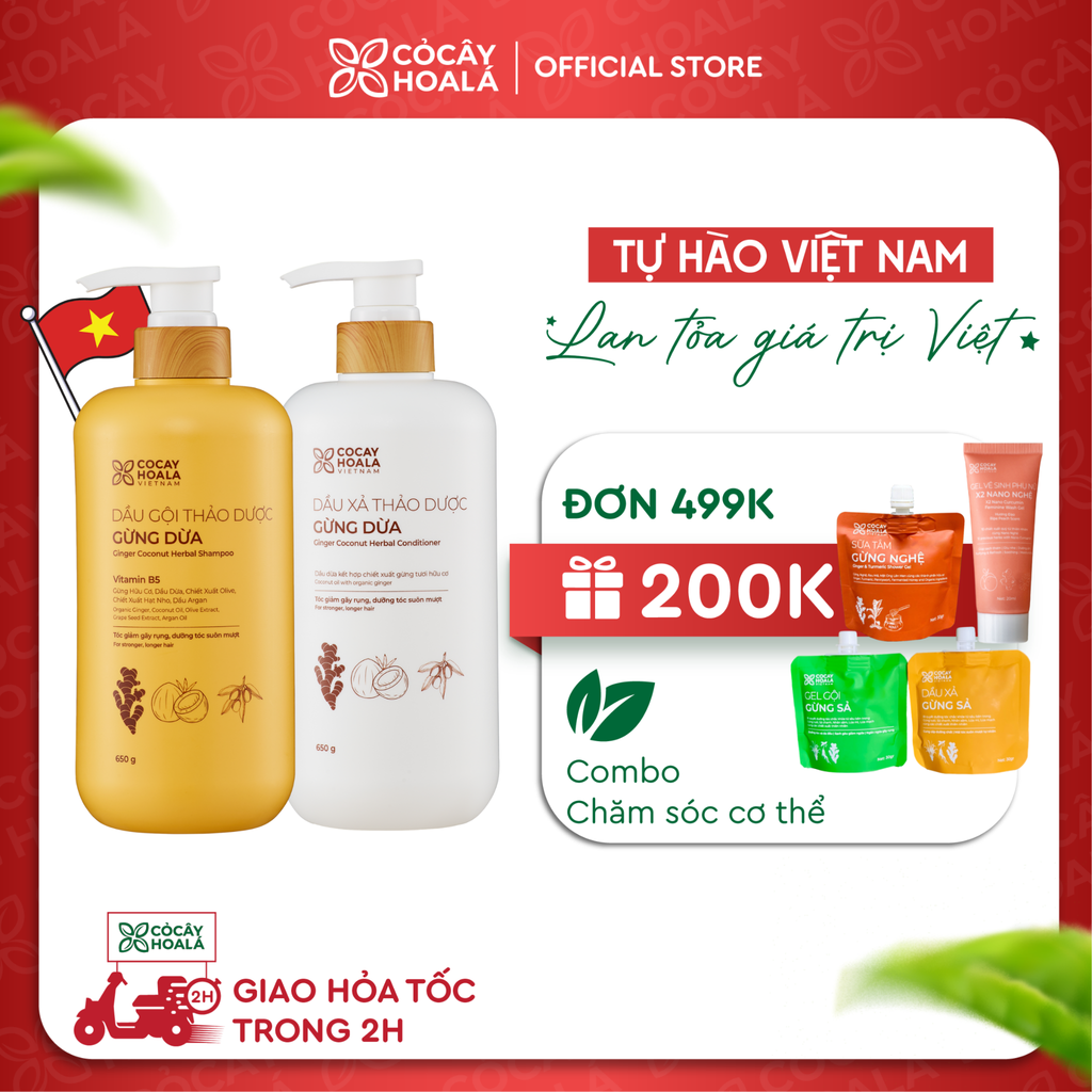 Combo dầu gội xả thảo dược Gừng Dừa Cỏ Cây Hoa Lá 650g