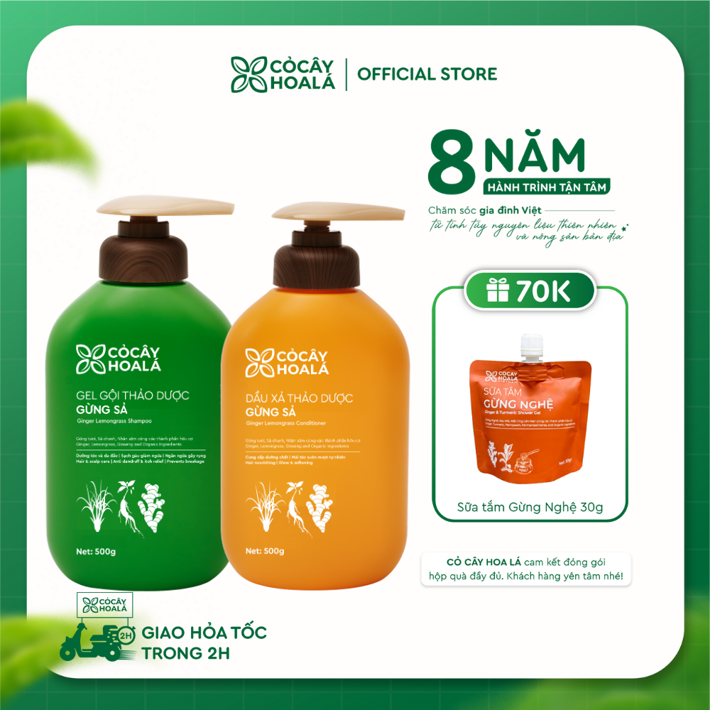 Combo Dầu Gội Xả Thảo Dược Gừng Sả Cỏ Cây Hoa Lá 500g