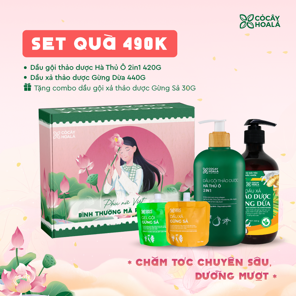 [SET 20/10] Set 3: Combo Dầu gội Hà Thủ Ô 420G + xả Gừng Dừa 440g - Tặng cặp Gội Xả Gừng Sả 30g - Hộp quà “Bình Thường Mà Phi Thường”