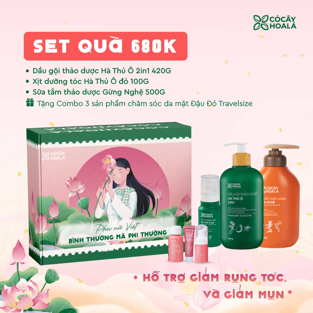 [SET 20/10] Set 4: Combo HàThủ Ô (gội + xịt) + Sữa tắm Gừng Nghệ - Tặng Set mini Đậu Đỏ (Tẩy da chết + Sữa rửa mặt + Toner) - Hộp quà “Bình Thường Mà Phi Thường”