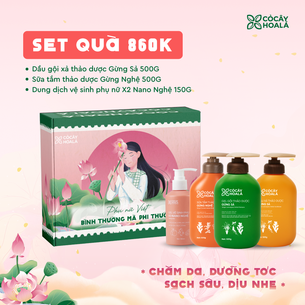 [SET 20/10] Set 1: Combo gội xả thảo dược Gừng Sả 500G, Sữa tắm Gừng Nghệ 500G, Dung dịch vệ sinh X2 Nano Nghệ 150G - Hộp quà “Bình Thường Mà Phi Thường”