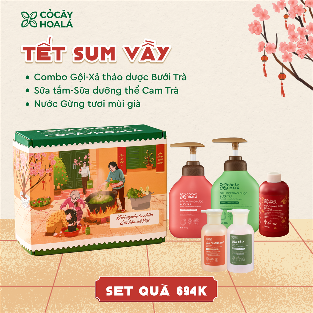 [SET 5] TẾT SUM VẦY: Combo Dầu Gội Xả Thảo Dược Bưởi Trà 350g + Combo Sữa Tắm và Sữa Dưỡng Thể Cam Trà + Nước Gừng Tươi Mùi Già