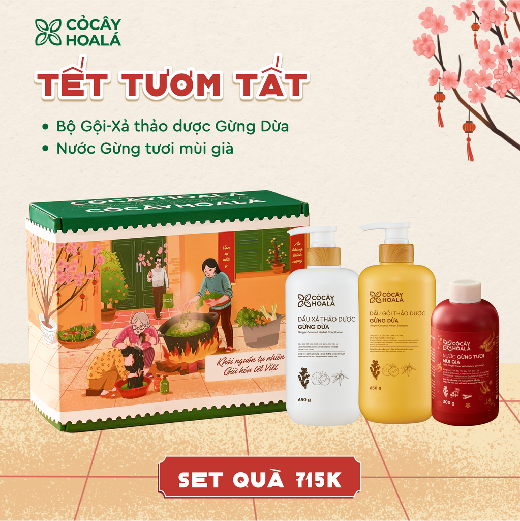 [SET 7] TẾT TƯƠM TẤT: Combo Dầu Gội Xả Thảo Dược Gừng Dừa 650g + Nước Gừng Tươi Mùi Già
