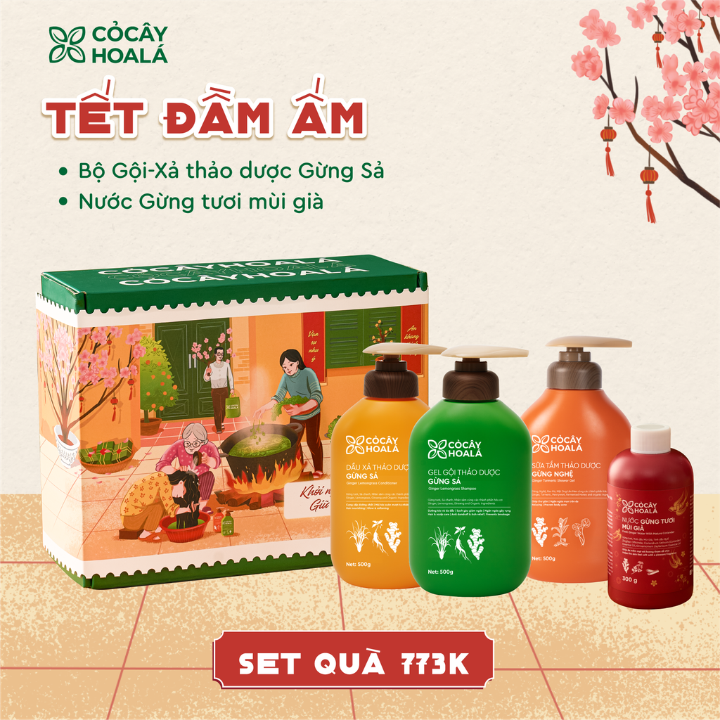 [SET 8] TẾT ĐẦM ẤM: Combo Gội Xả Thảo Dược Gừng Sả + Sữa Tắm Thảo Dược Gừng Nghệ + Nước Gừng Tươi Mùi Già