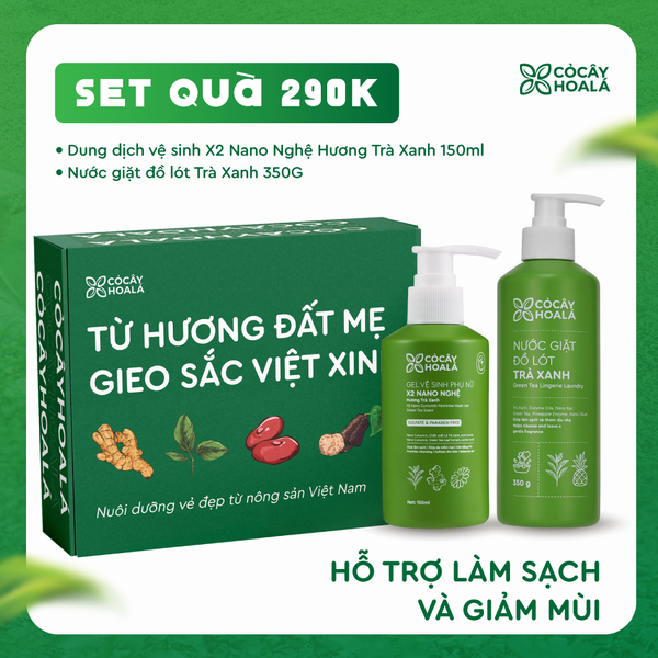 SET QUÀ 290K Set 1: Combo Gel vệ sinh phụ nữ X2 Nano Nghệ Nước giặt đồ lót Trà Xanh