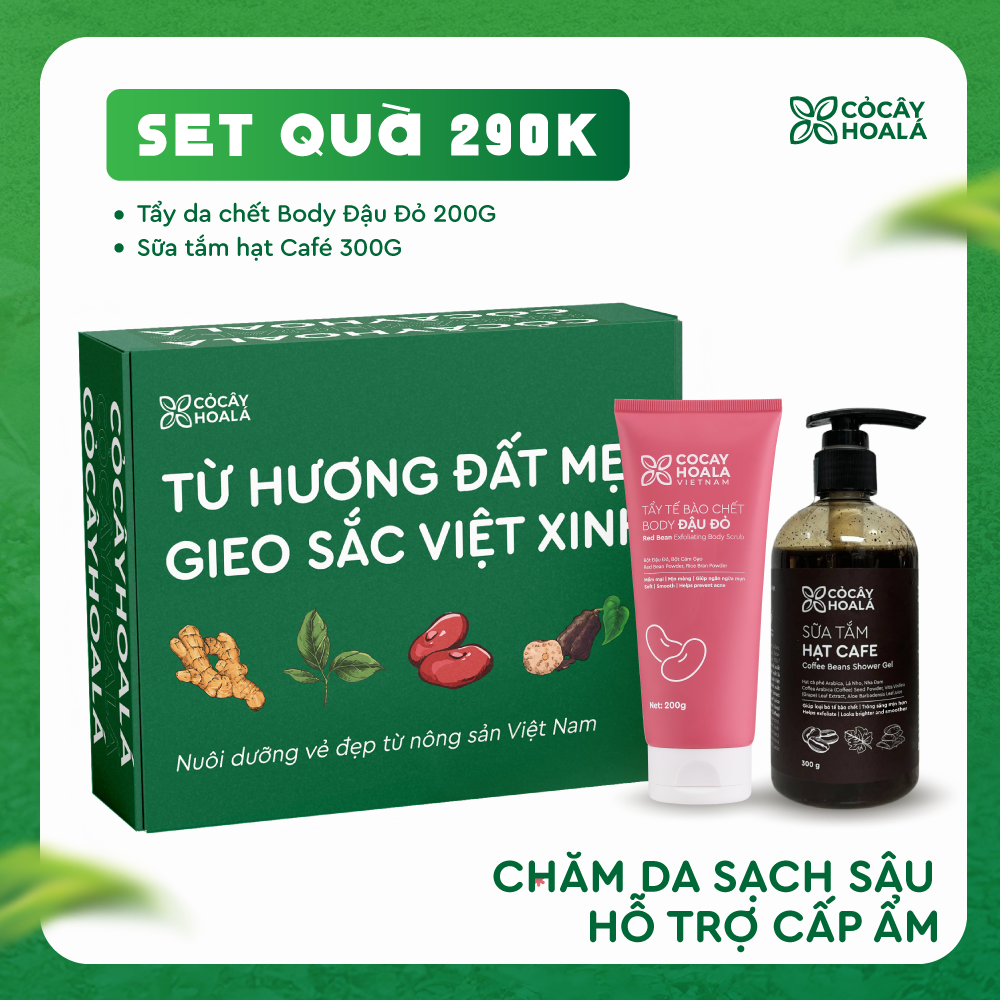 [SET QUÀ 290K] Set 9: Combo Tẩy da chết body Đậu Đỏ + Sữa tắm Cà phê - Tặng cặp Gội Xả Gừng Sả 30g