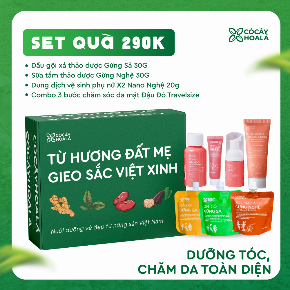 [SET QUÀ 290K] Set 10: Combo mini tắm + gội + dưỡng da (Gừng Sả + Gừng Nghệ + Đậu Đỏ 30g) - Tặng cặp Gội Xả Gừng Sả 30g