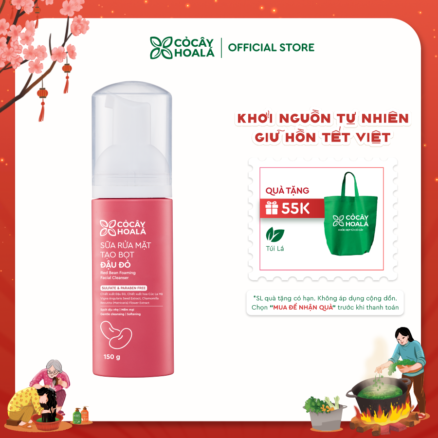 Sữa rửa mặt tạo bọt Đậu đỏ Cỏ Cây Hoa Lá 150g