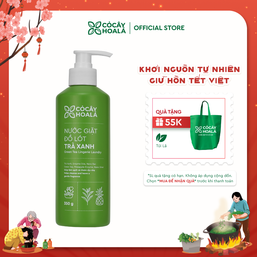 Nước giặt đồ lót trà xanh Cỏ Cây Hoa Lá 350gr kháng khuẩn, ngăn ngừa nấm & làm sạch hiệu quả