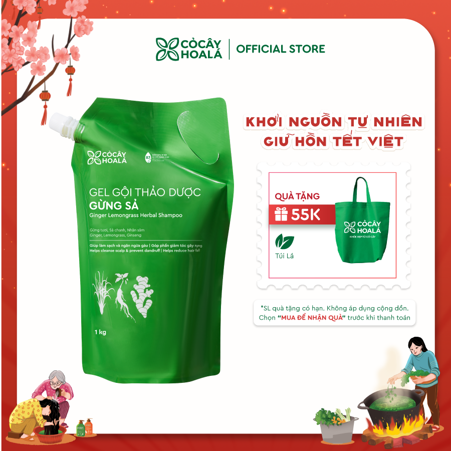 Túi Refill Dầu Gội Thảo Dược Gừng Sả Cỏ Cây Hoa Lá 1000g