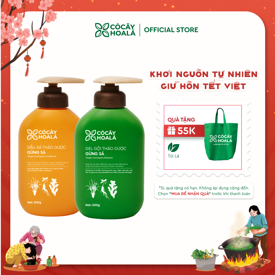 Combo Dầu Gội Xả Thảo Dược Gừng Sả Cỏ Cây Hoa Lá 500g