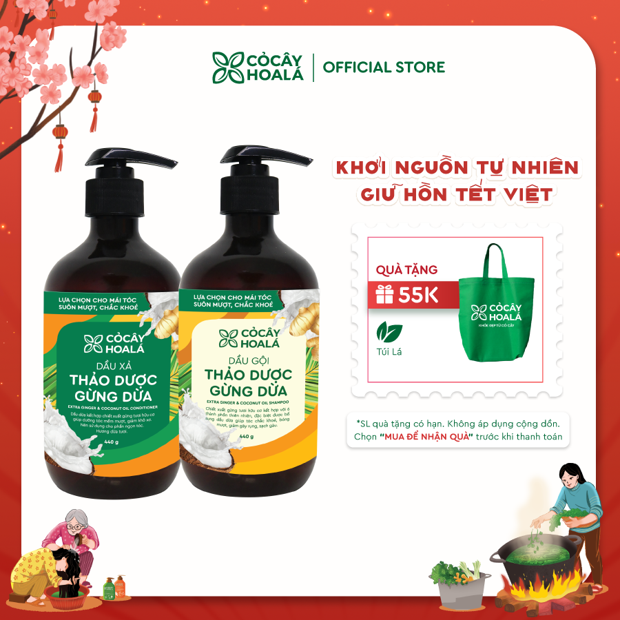 Combo dầu gội xả thảo dược Gừng Dừa Cỏ Cây Hoa Lá 440g