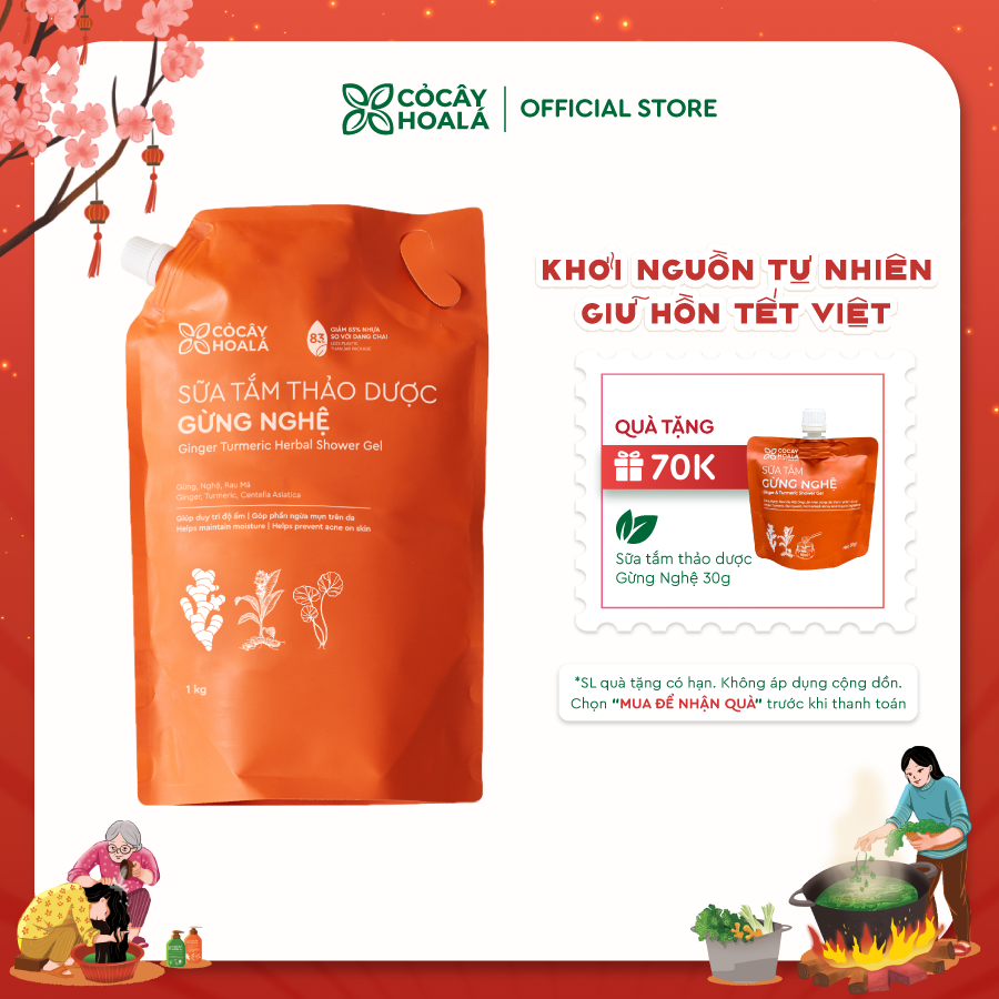 Sữa Tắm Thảo Dược Gừng Nghệ Cỏ Cây Hoa Lá 1000g