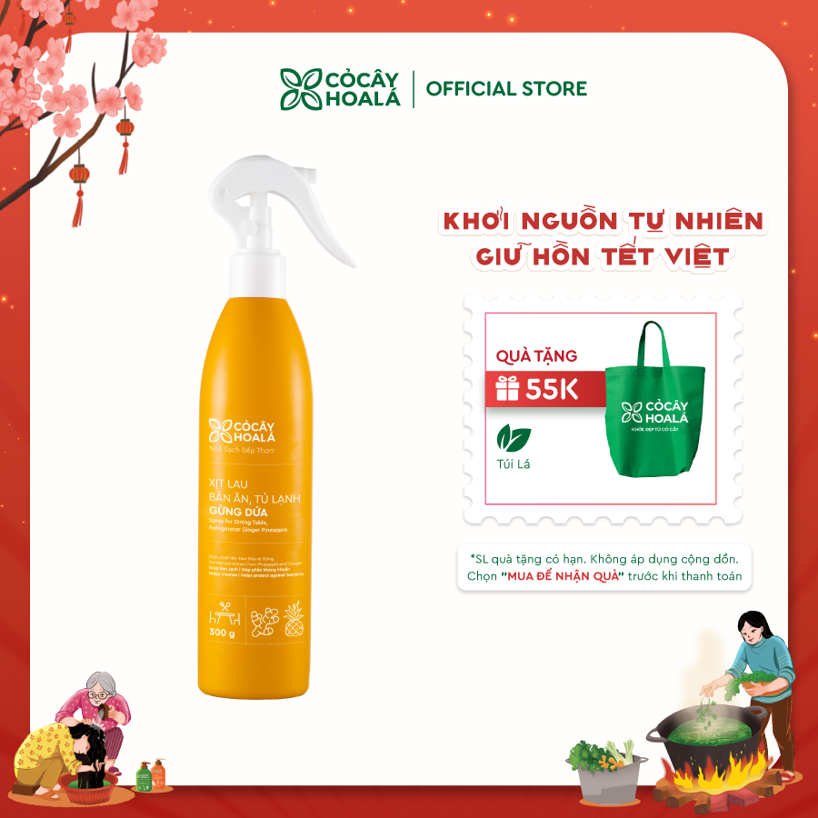 Xịt Lau Bàn Ăn, Tủ Lạnh Thiên Nhiên Gừng Dứa Cỏ Cây Hoa Lá 300g
