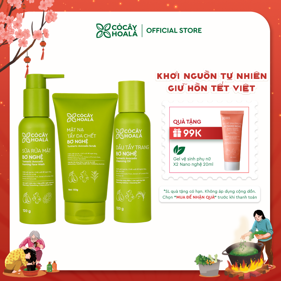 Combo Bơ Nghệ Làm Sạch Sâu Cỏ Cây Hoa Lá (Dầu Tẩy Trang, Sữa Rửa Mặt, Mặt Nạ Tẩy Tế Bào Chết Bơ Nghệ) phù hợp cho da khô