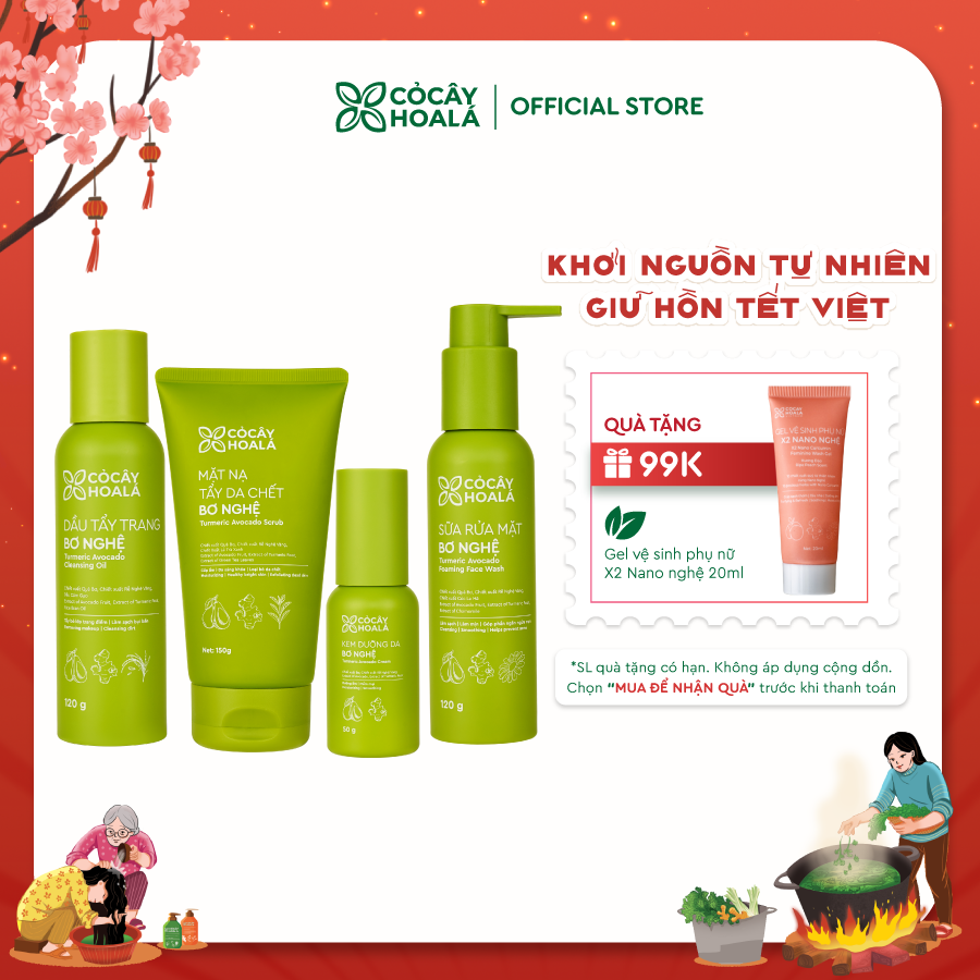 Combo Bơ Nghệ 4 Bước Dưỡng ẩm chuyên sâu Cỏ Cây Hoa Lá (Dầu Tẩy Trang, Sữa Rửa Mặt, Mặt Nạ Tẩy Tế Bào Chết, Kem Dưỡng)