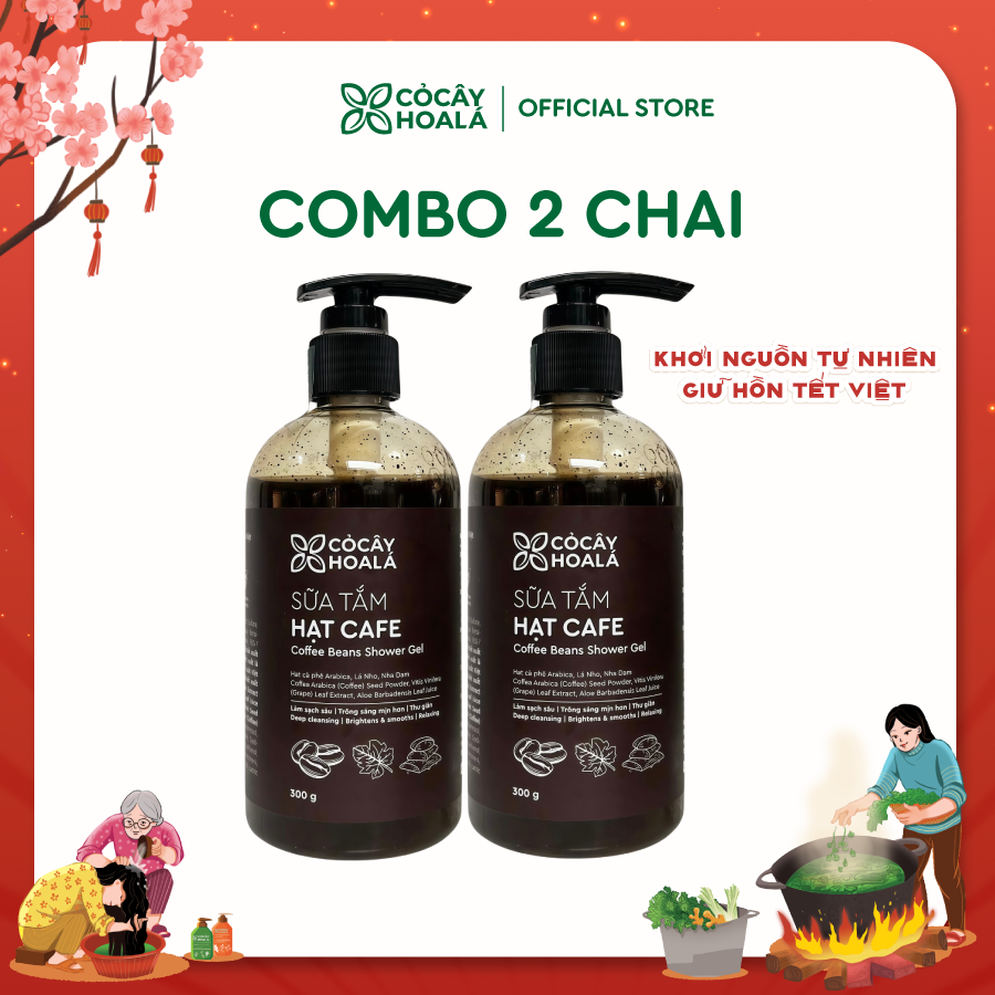 Combo 2 Chai Sữa Tắm Hạt Cafe Cỏ Cây Hoa Lá 300g - Làm Sạch Sâu, Loại bỏ Tế Bào Chết Một Cách Dịu Nhẹ