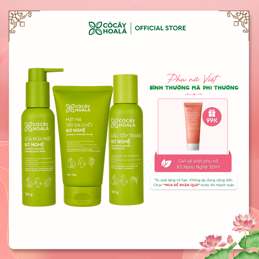 Combo Bơ Nghệ Làm Sạch Sâu Cỏ Cây Hoa Lá (Dầu Tẩy Trang, Sữa Rửa Mặt, Mặt Nạ Tẩy Tế Bào Chết Bơ Nghệ) phù hợp cho da khô