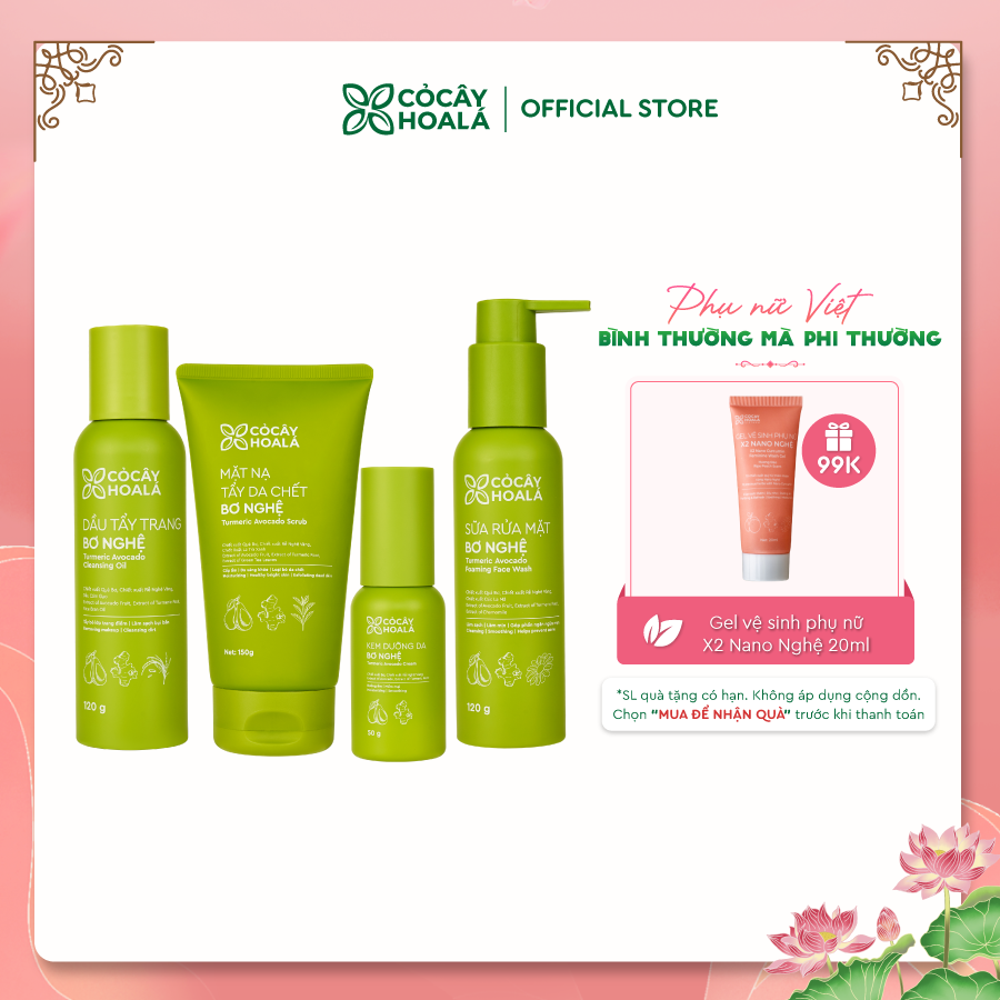 Combo Bơ Nghệ 4 Bước Dưỡng ẩm chuyên sâu Cỏ Cây Hoa Lá (Dầu Tẩy Trang, Sữa Rửa Mặt, Mặt Nạ Tẩy Tế Bào Chết, Kem Dưỡng)