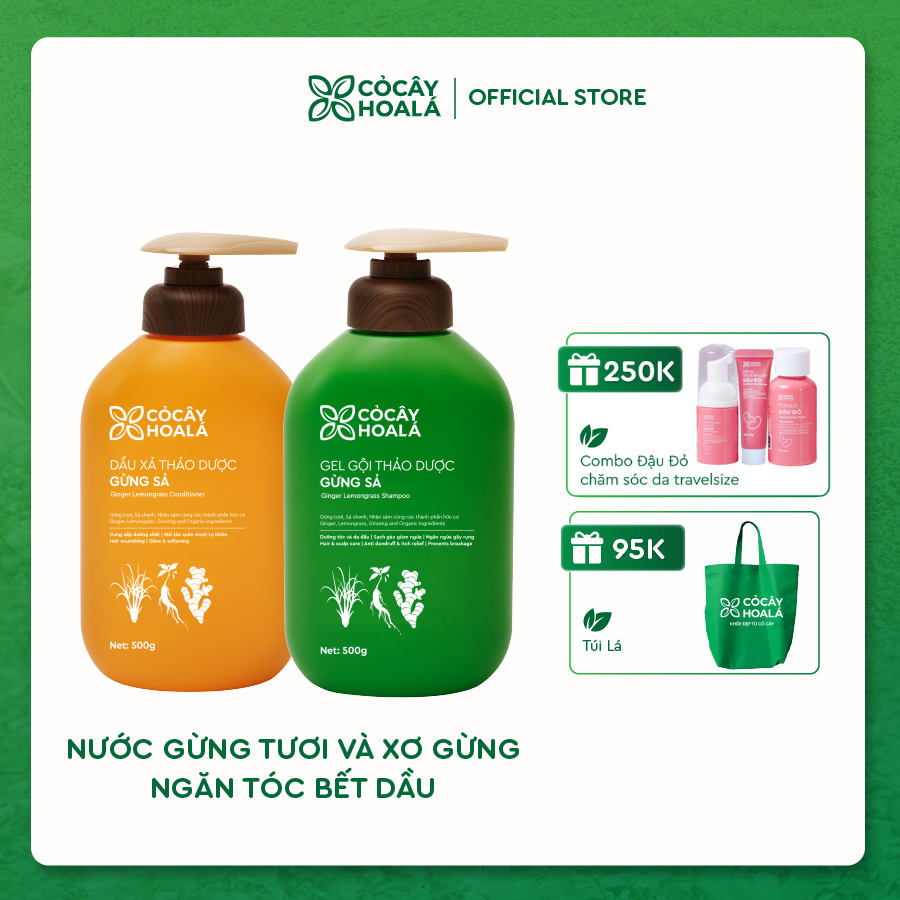 Combo Dầu Gội Xả Thảo Dược Gừng Sả Cỏ Cây Hoa Lá 500g