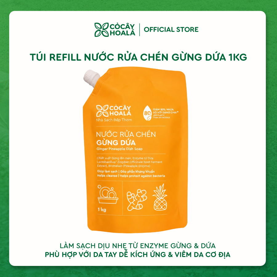 Túi Refill Nước Rửa Chén Thiên Nhiên Gừng Dứa Cỏ Cây Hoa Lá 1KG