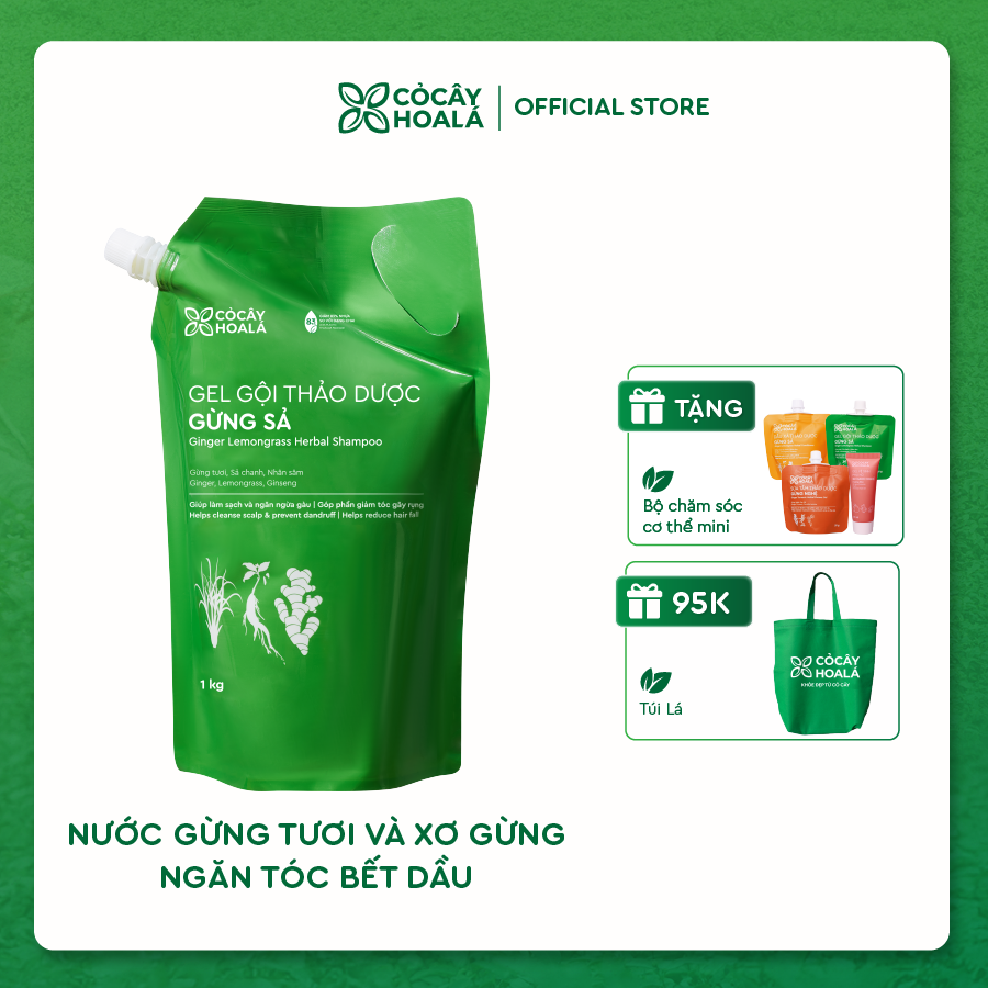 Túi Refill Dầu Gội Thảo Dược Gừng Sả Cỏ Cây Hoa Lá 1000g