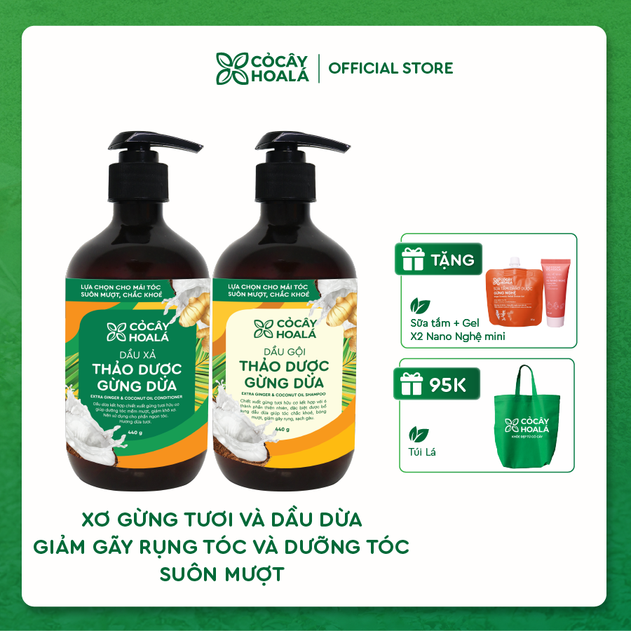 Combo dầu gội xả thảo dược Gừng Dừa Cỏ Cây Hoa Lá 440g