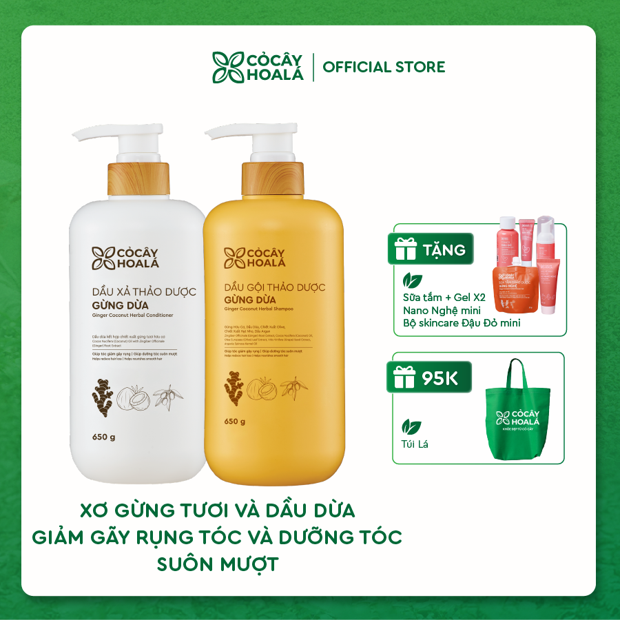 Combo dầu gội xả thảo dược Gừng Dừa Cỏ Cây Hoa Lá 650g