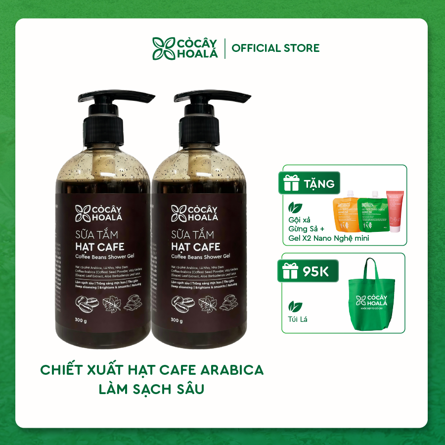 Combo 2 Chai Sữa Tắm Hạt Cafe Cỏ Cây Hoa Lá 300g - Làm Sạch Sâu, Loại bỏ Tế Bào Chết Một Cách Dịu Nhẹ