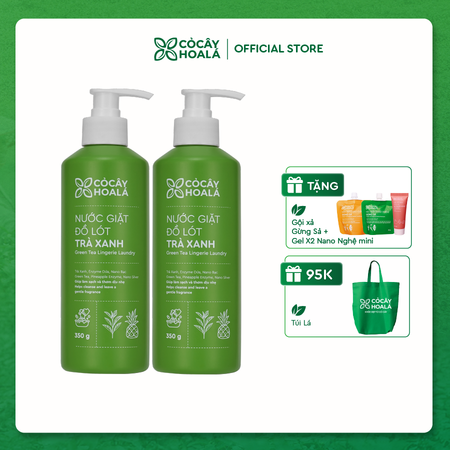 Combo 2 Nước giặt đồ lót trà xanh Cỏ Cây Hoa Lá 350gr kháng khuẩn, ngăn ngừa nấm & làm sạch hiệu quả