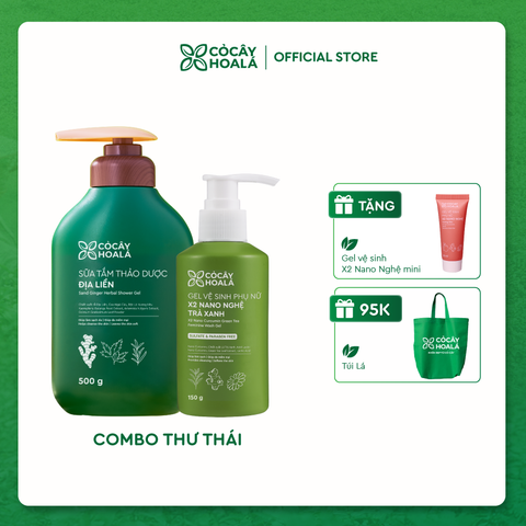 Combo Thư Thái: Sữa tắm thảo dược Địa Liền & Gel vệ sinh x2 nano nghệ Trà Xanh