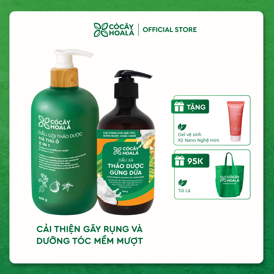 Combo Dầu gội thảo dược Hà thủ ô 2in1 420g & Dầu xả thảo dược Gừng Dừa 440g
