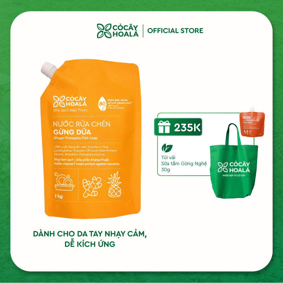 Túi Refill Nước Rửa Chén Thiên Nhiên Gừng Dứa Cỏ Cây Hoa Lá 1KG