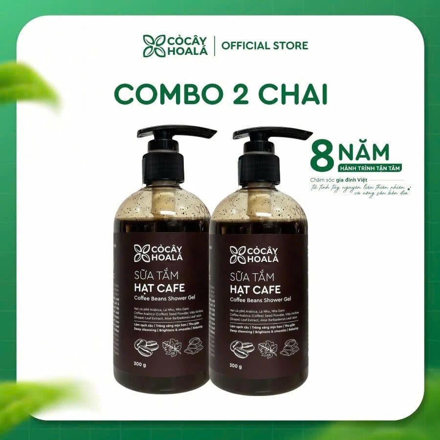 Combo 2 Chai Sữa Tắm Hạt Cafe Cỏ Cây Hoa Lá 300g - Làm Sạch Sâu, Tẩy Tế Bào Chết