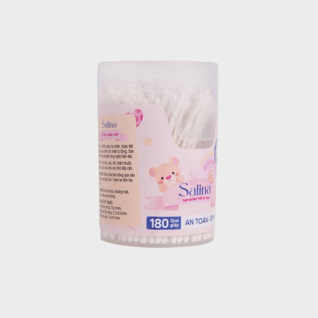 Tăm bông trẻ sơ sinh Salina thân giấy hộp 180 que SBD013GT