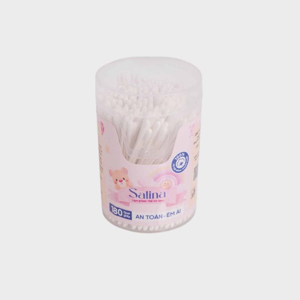 Tăm bông trẻ sơ sinh Salina thân giấy hộp 180 que SBD013GT