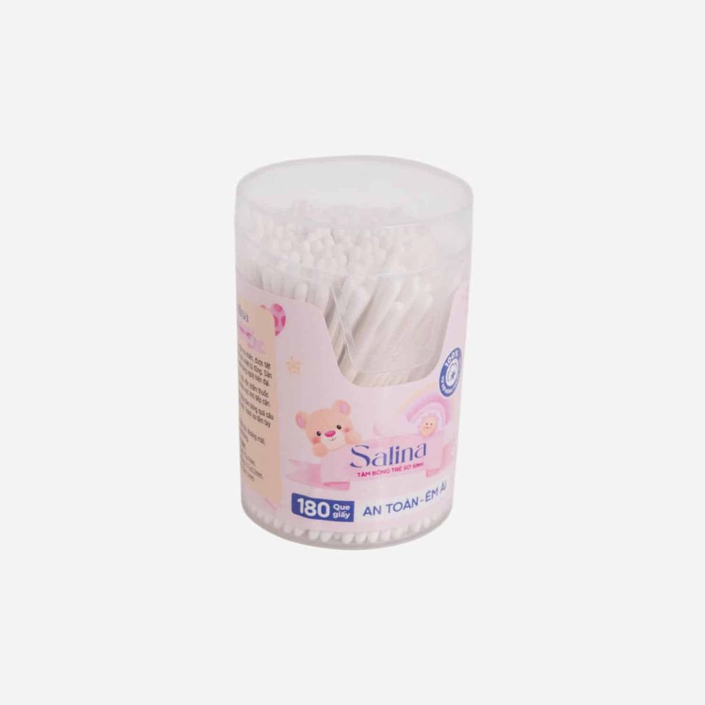 Tăm bông trẻ sơ sinh Salina thân giấy hộp 180 que SBD013GT